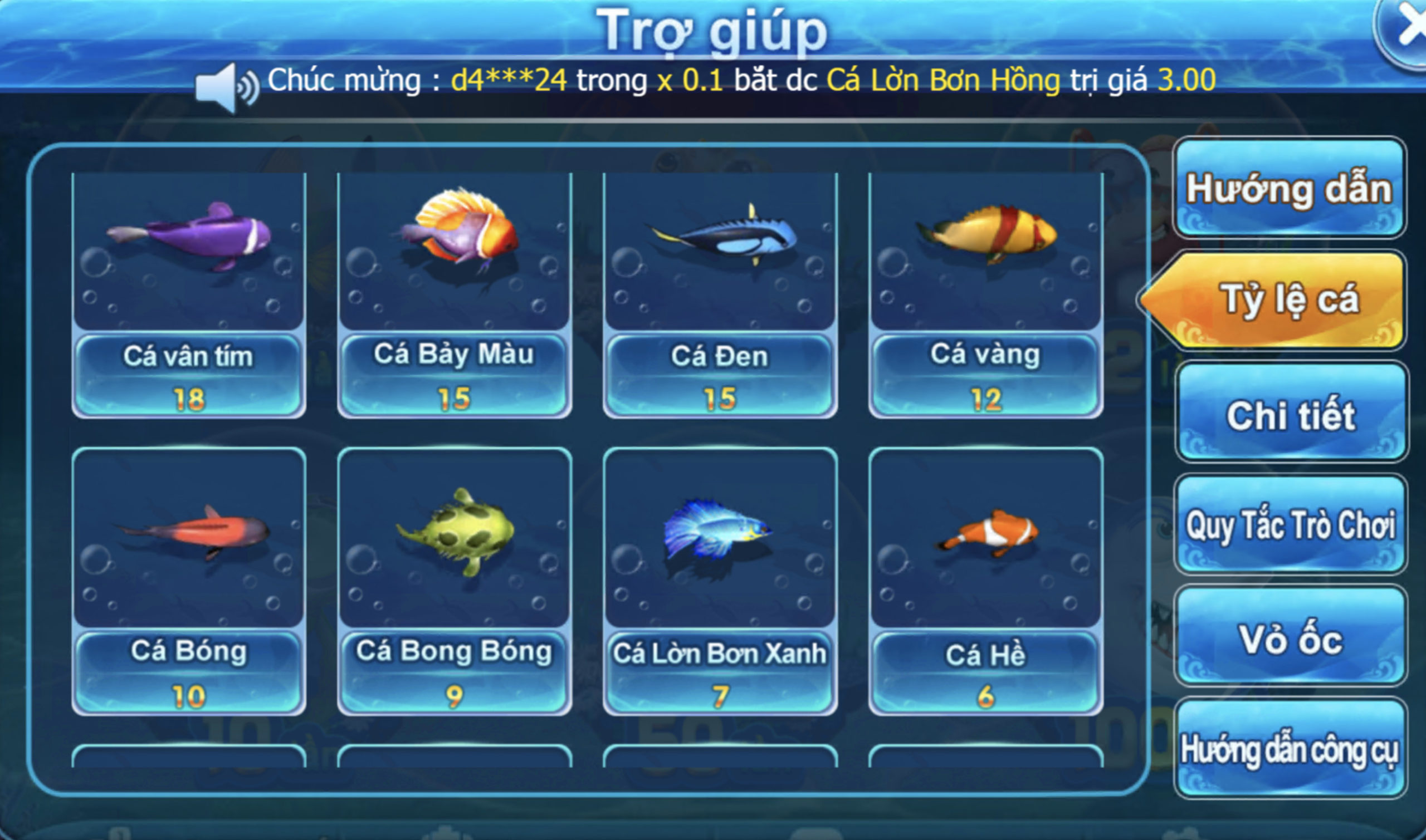 Các loại cá trong game
